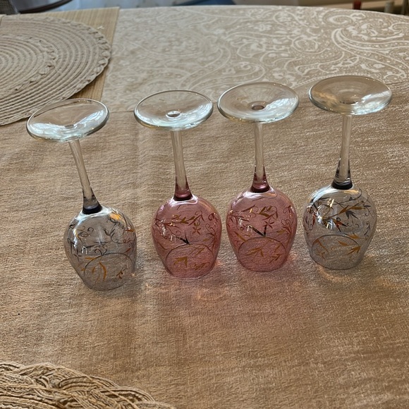 Other - VINTAGE ITALIAN ART GLASS WINE cocktail bar pink blue gold flowers 4 in set EUC